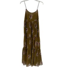 Madewell Tiered Maxi Dress Floral Print Olive Green Gold Thread Size 4