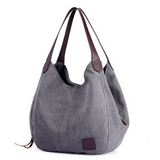 's Multi-pocket Shoulder Bag Fashion Cotton Canvas Handbag Tote Purse Gray -...