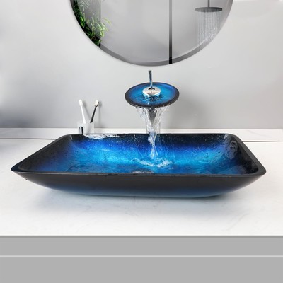 22'' Blue Bathroom Vessel Sink,Rectangle Tempered Glass Washing Sink Bowl with...