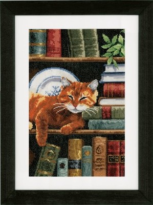 Cross Stitch ''A Cat On A Bookshelf'' Embroidery Kit. Unprinted Сanvas Vervaco