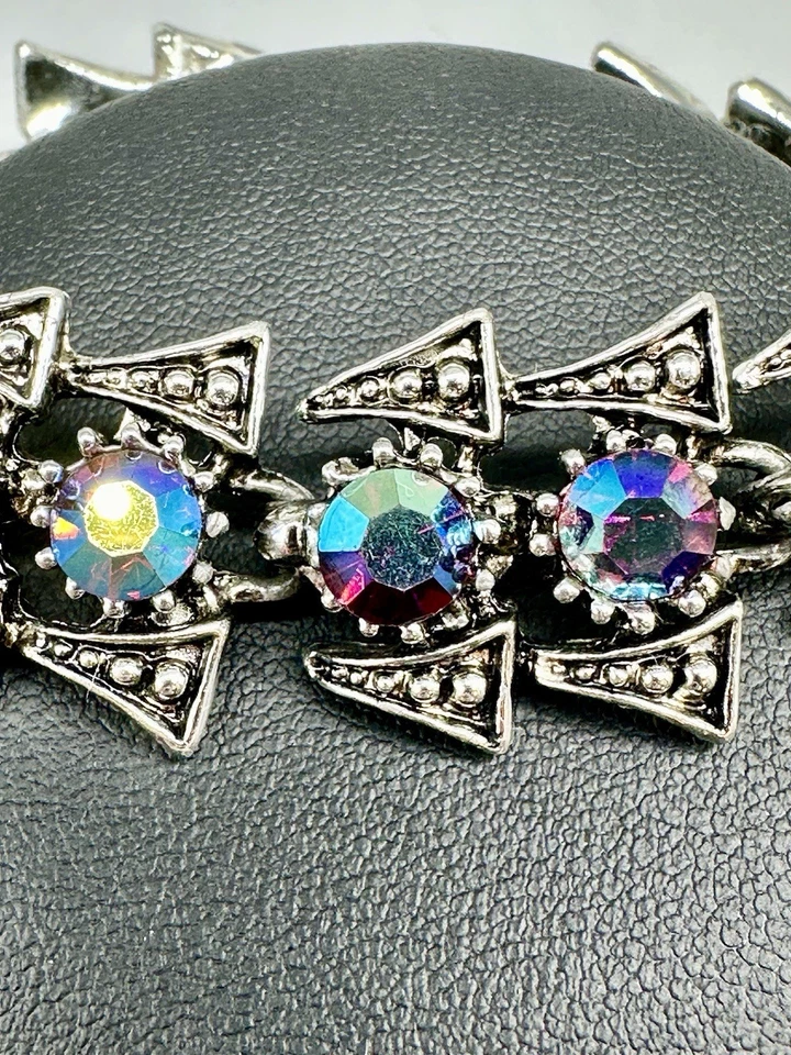 "Collar vintage de diamantes de imitación púrpura/verde iridiscente, juego de pulsera tono plata 16""" Foto 4 de 4