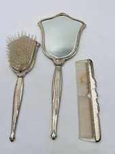 Antique Vanity Brush, Hair Comb And Mirror Silver Plated