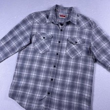 Wrangler Flannel Shirt Mens M Gray Plaid Western Pearl Snap Workwear Cowboy