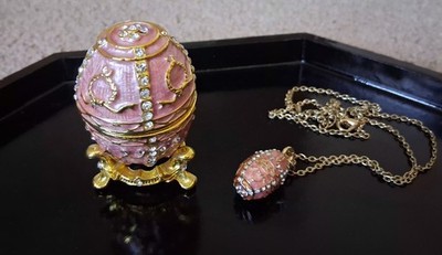 Faux Faberge Enameled Pink/ Gold Easter Egg Box on stand & Egg Necklace 24'' 