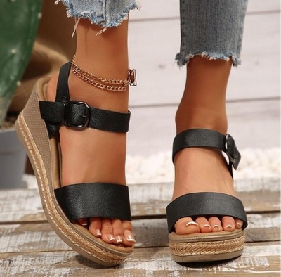 Pierre Dumas Womens Black Open Toe Wedge Sandals, Size 7