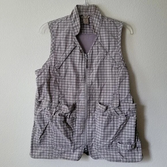Duluth Trading Co Unisex Cotton Vest Hiking Outdoors Fishing Cargo Pockets Check