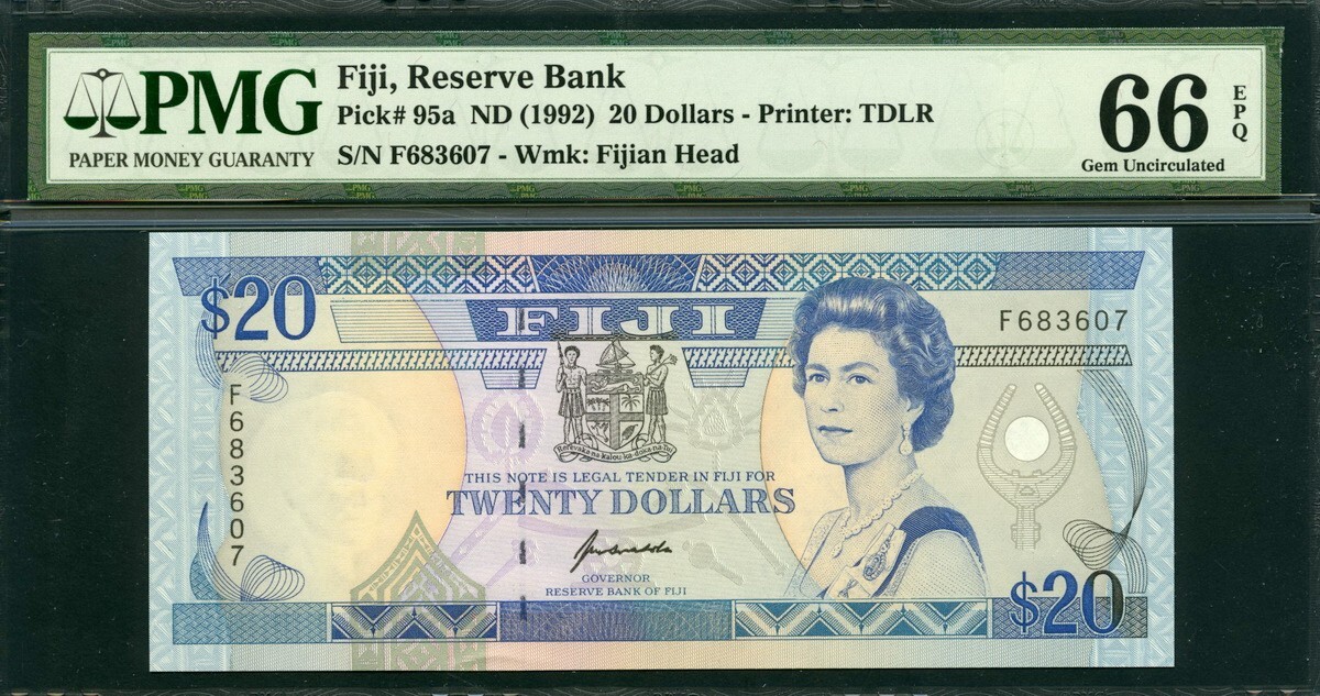 準未使用　フィジー　1992年　最高額　20ドル　P-95a Fiji 1992 20 Dollars P95a PMG 66 EPQ GEM UNC | eBay