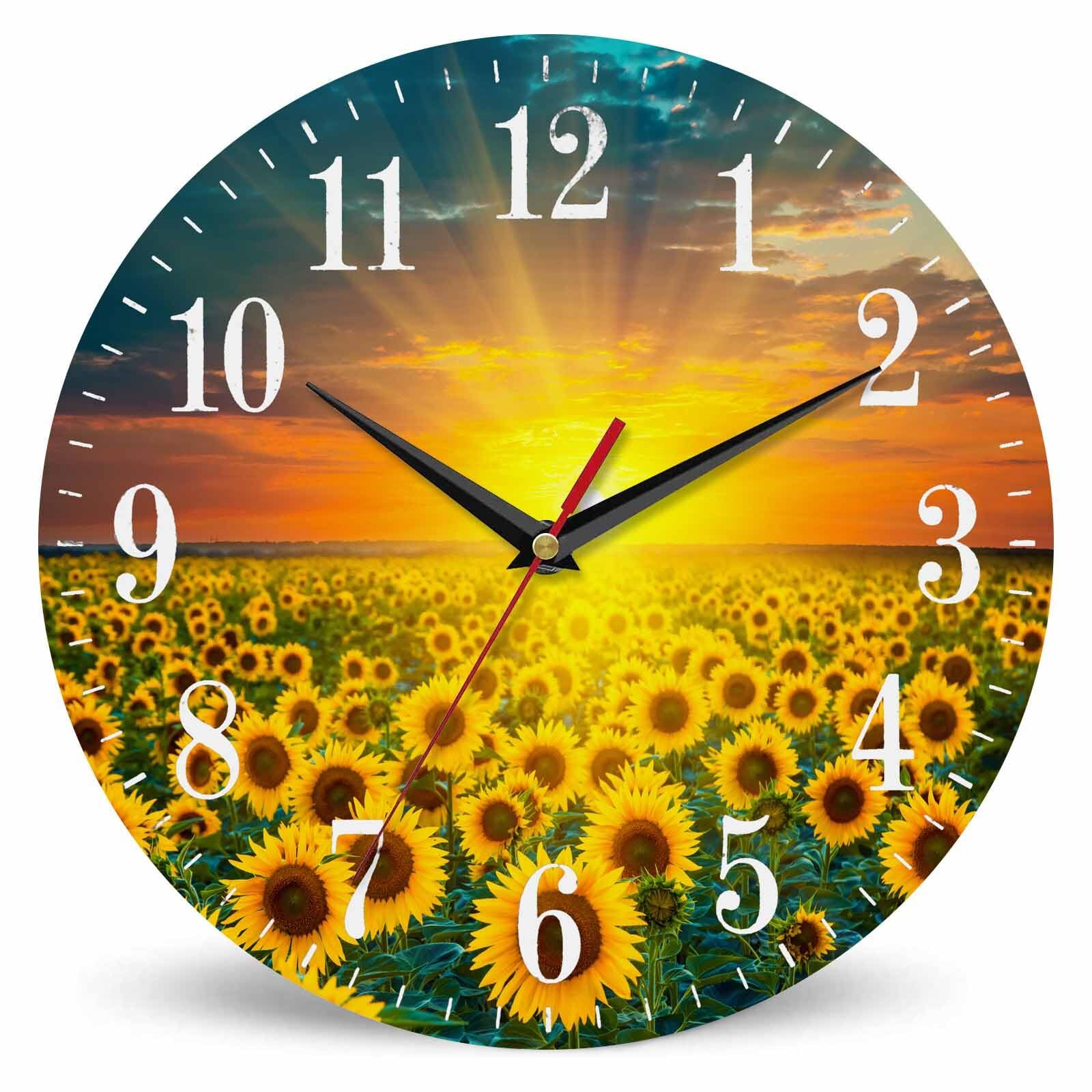 Sunflowers Field Wall Clock Sunrise Golden Yellow Sunflower Blooming Bright S...