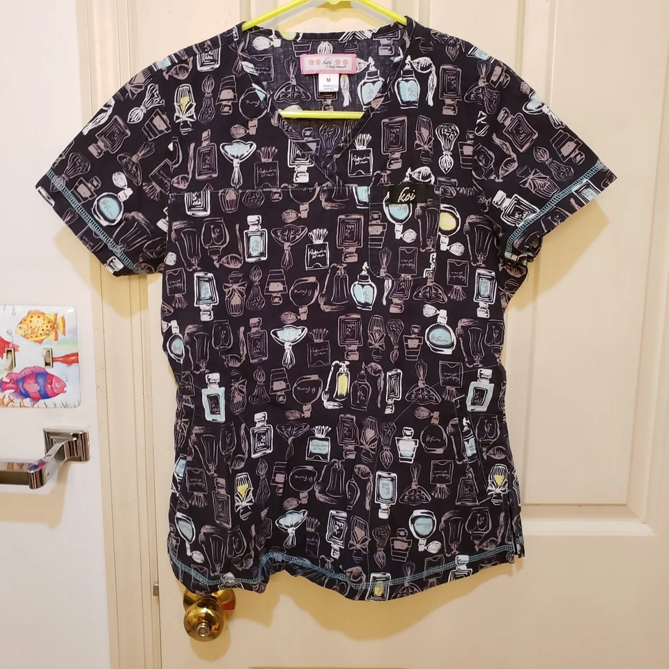 Koi Perfume Bottles Womans MEDIUM Scrub Top COLOR FADED SEE DESRIPTION - Image 2 of 4