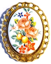 VINTAGE STUNNING ENAMEL GLASS FILIGREE FLORAL PIN BROOCH OR PENDANT
