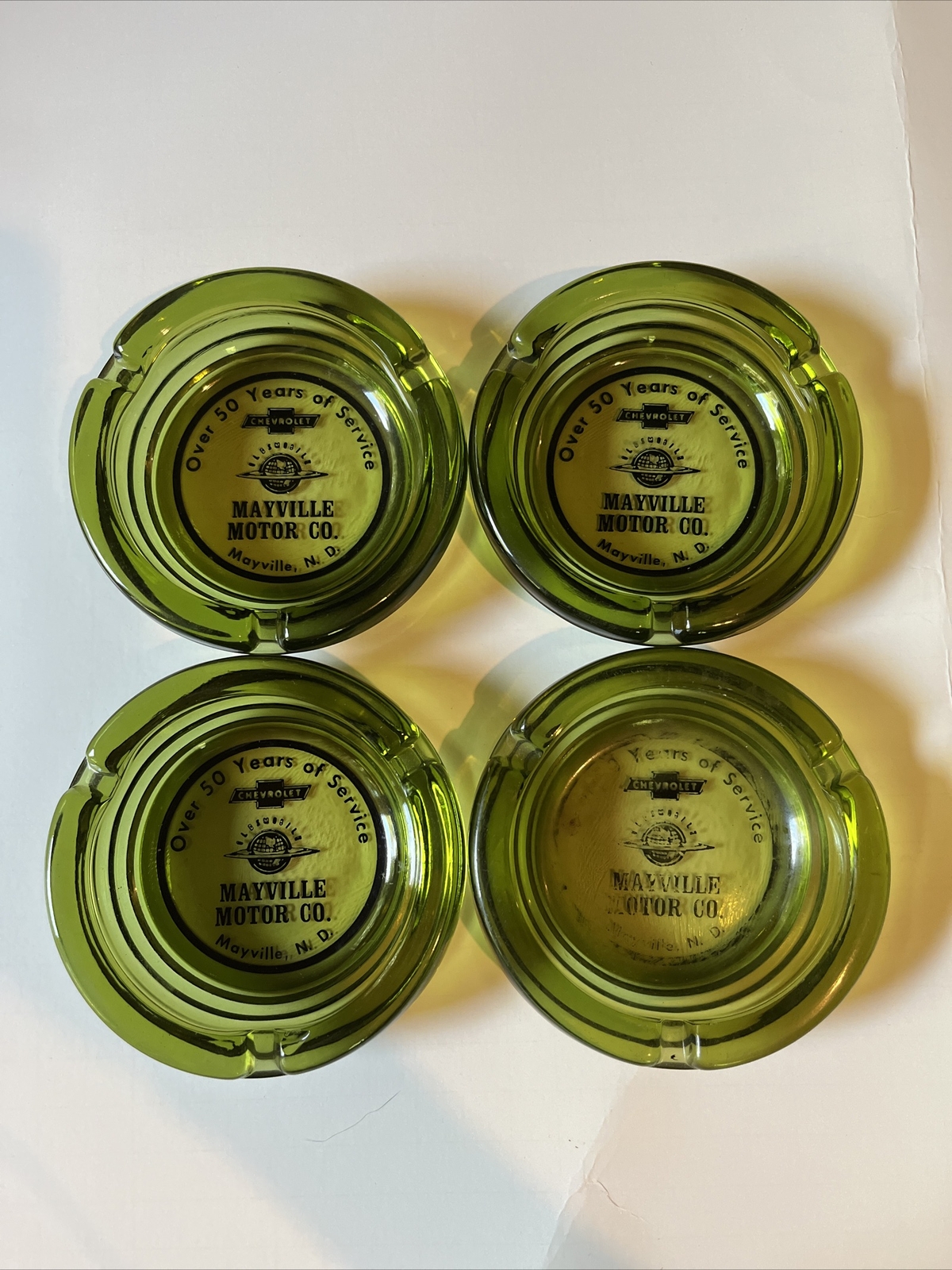 VINTAGE Mayville Motor Co Chevrolet Green Glass Ashtray Set Of 4 eBay