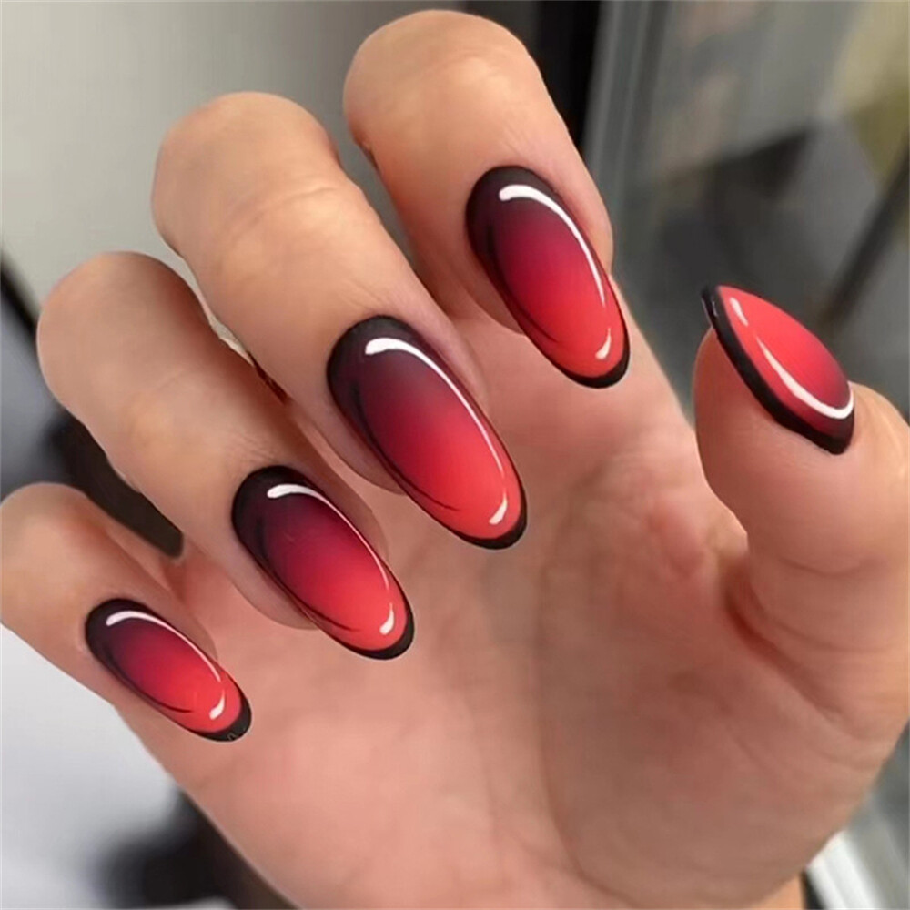 Gradient Black Red False Nail Short Almond Press On Nails For Nails Art  24Pcs | Ebay