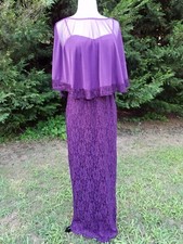 Formal evening sleeveless lace floral beaded purple maxi 2pc dress & cape,s.4