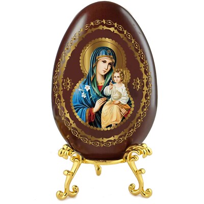 Virgin Mary Wooden Icon Egg Eternal Christ Bloom Gold Egg Stand Religious Gift