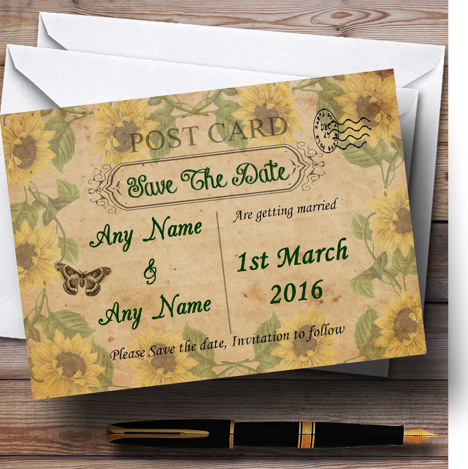 THECARDZOO Sunflowers Vintage Shabby Chic Postcard Personalised Wedding Save The Date Cards
