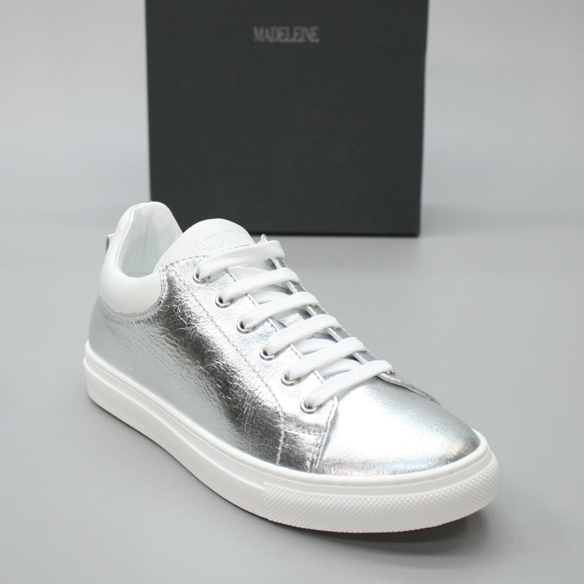 Madeleine Ladies (38) Metallic Silver Leather White Lace-up