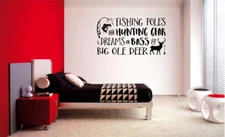 FISHING POLES AND HUNTING GEAR NURSERY VINYL WALL DECAL LAKE CABIN LETTERING 