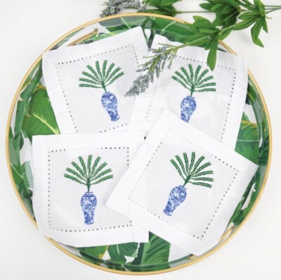 NEW! 8 Oak Lane Ginger Jar Palm Embroidered Cocktail Napkin Set of 4