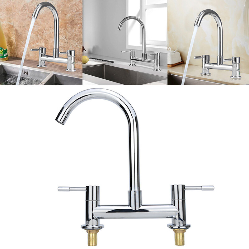 Kitchen Dual Lever Chrome Sink Mixer Taps 2 Hole Deck Mounted Tap