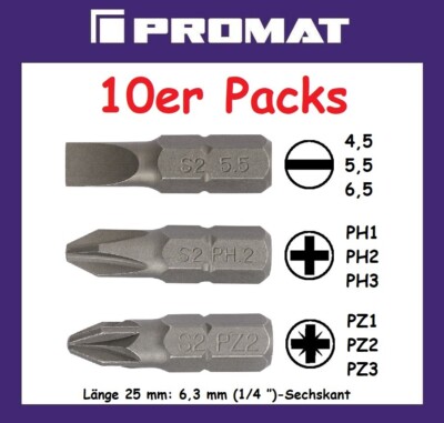 10er Pack Promat Bit PH 1 2 3 PZ 1 2 3 Schlitz 4,5 5,5 6,5 mm 1/4'' -Sechskant