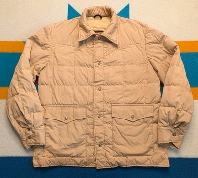 Vintage Eddie Bauer Blizzard Proof Down Jacket Button Up Quilted Beige USA Large