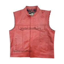 Men's BLACK/RED Real Cowhide Leather Motorcycle Waistcoat Paisley Biker's Vest