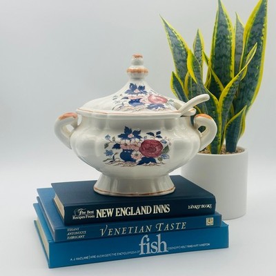 Vintage Floral Ceramic Soup Tureen with Lid and Ladle Scalloped Cream