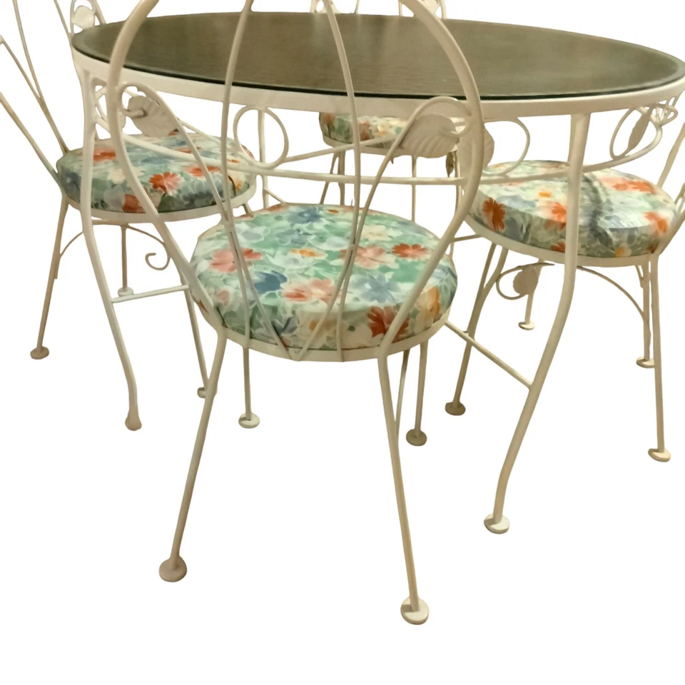 Wrought Iron Vintage Ivy Five Piece Dinette Set White With 4 Floral CushionSeats - Image 3 of 4