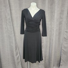 Dressbarn Little Black Dress Ruched, V-Neck, 3/4 Sleeve, Midi Y2K Size 4 Stretch