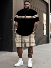 Khaki plaid stripe pattern classic men's summer T-shirt set, simple