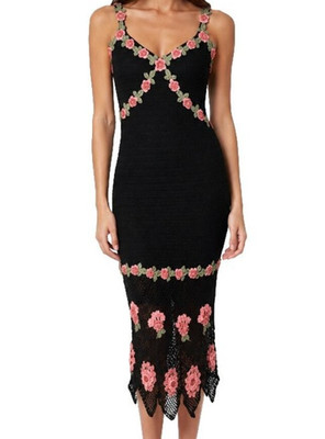 Vintage Caché Y2K Crochet Rose Floral Beaded Midi Dress Black Pink M Fairycore