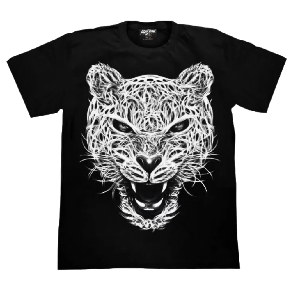 T-Shirt Tiger White 3D Graphic Glow Dark Mens Black Cotton Tee