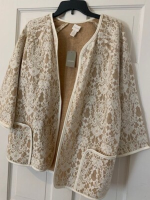 Chico's Bonded Lace Henrietta Cardigan Jacket Faux Leather Tan Ivory Size 3 NWT