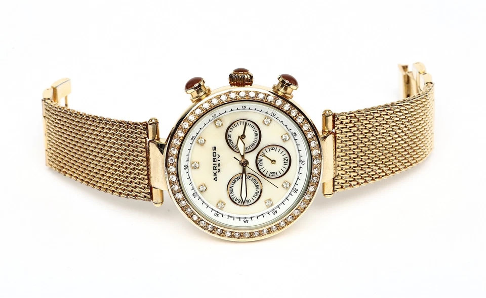 Akribos XXIV Women's Multi Function Mesh Gold Watch F1267 - Image 2 of 4