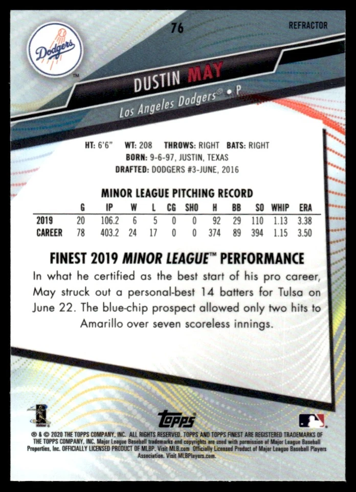 2020 TOPPS FINEST REFRACTOR Dustin May Rookie Los Angeles Dodgers #76 R23 - Image 2 of 2
