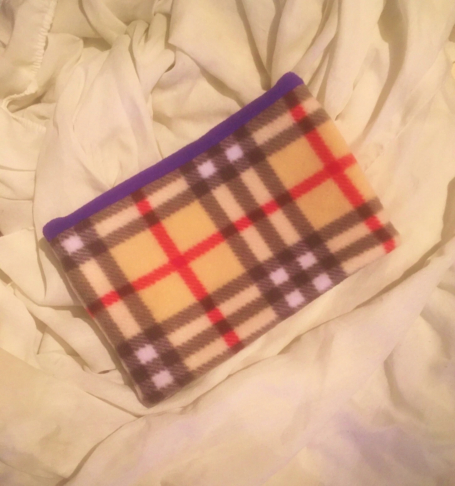 Purple Plaid Check Double Fleece Ear or Neck Warmer Dual Purpose Cowl