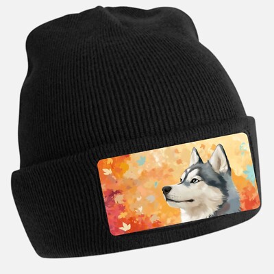 Black Cool Husky Dog Print Beanie Hat - Unisex Cap, Cotton