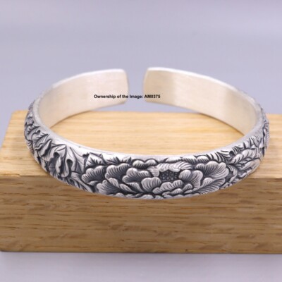 Reines 999 Feinsilber Damen Armband Manschette Armreif 2,40 Zoll Handarbeit Pfingstrose