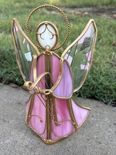 Angel Votives Candle Holder Playing Harp 9.5  Pink Gold Signed VTG Stained Glass