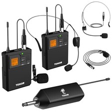 Wireless Microphone System Dual Headset Lavalier Mics Rechargeable Receiver