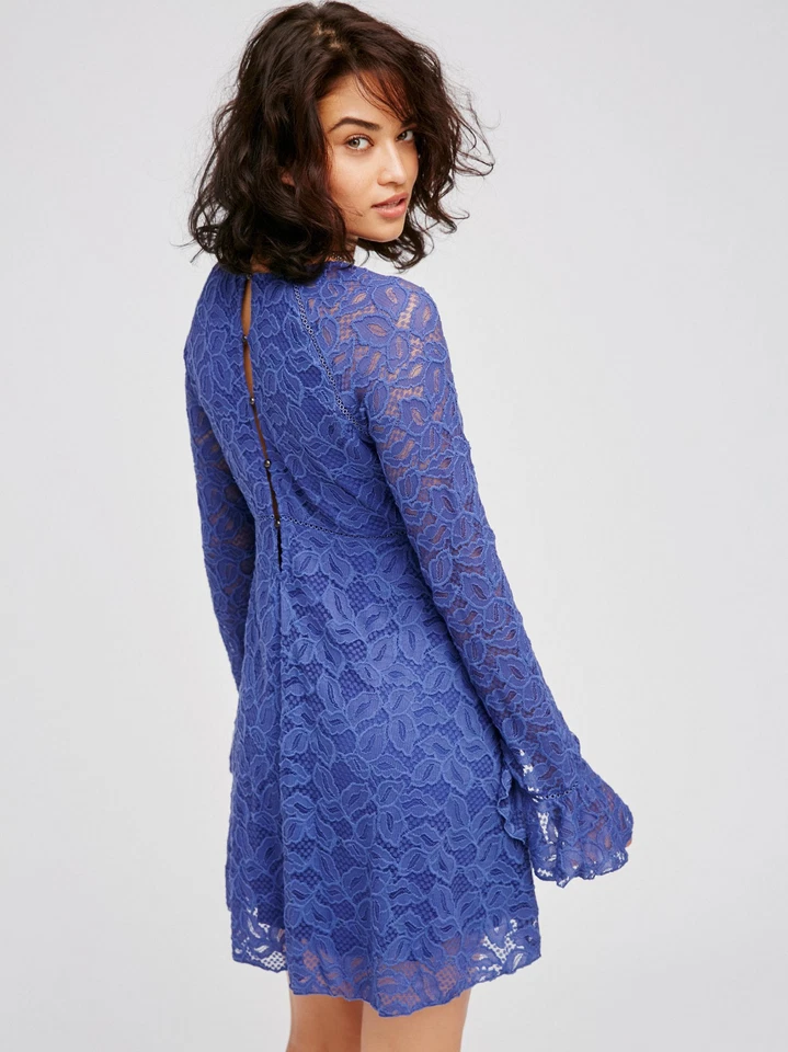 NUEVO VESTIDO BABYDOLL FREE PEOPLE $148 MINERAL PÚRPURA AZUL CIELOS ENCAJE TALLA XS Foto 3 de 4
