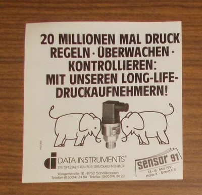 Seltene Werbung DATA INSTRUMENTS Druckaufnehmer - Druck regeln- Elefanten 1991