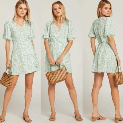 Faithfull The Brand Green White Floral Puff Sleeve Mini Dress Size 2 Travel  | eBay