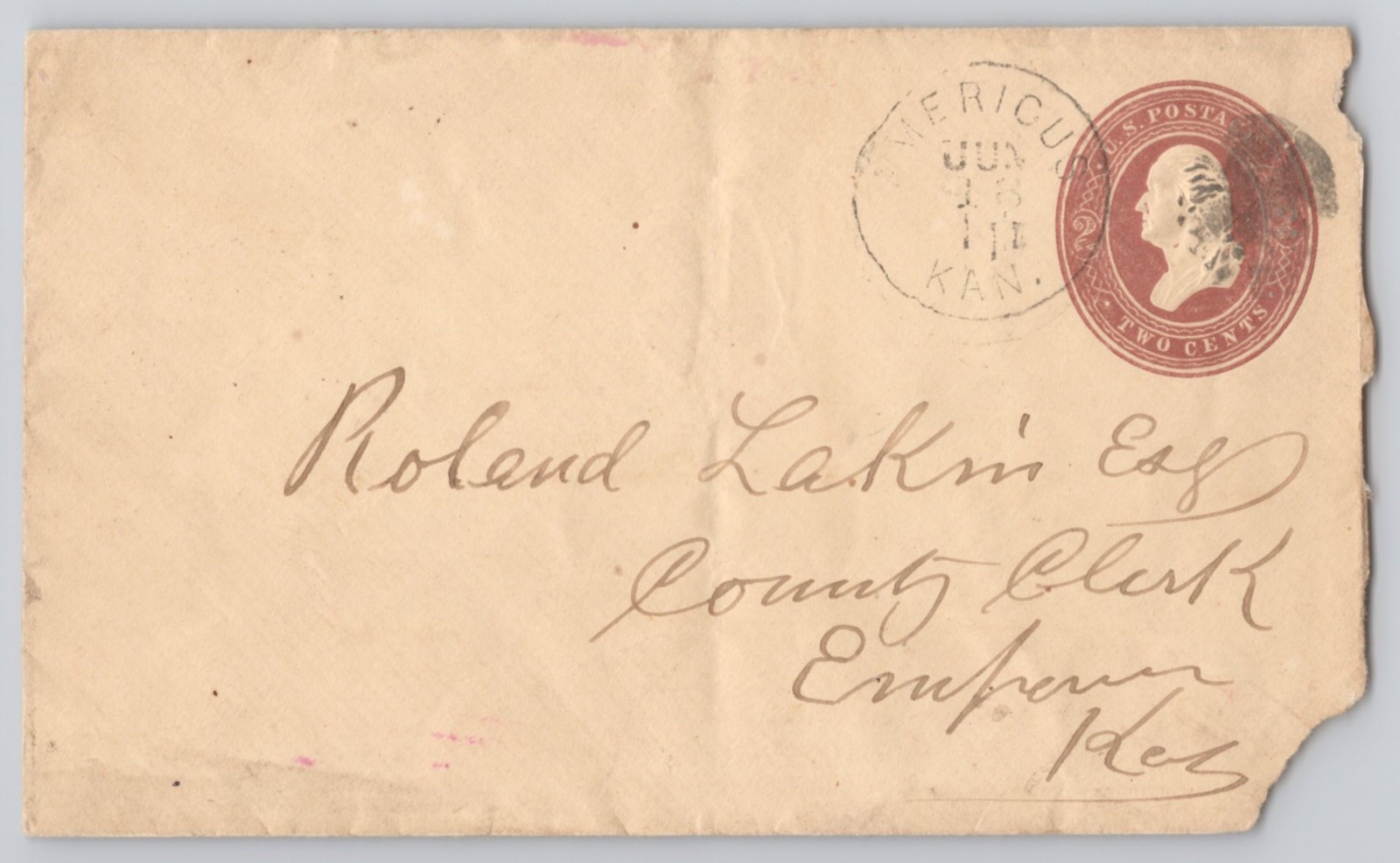 Emporia, Kansas, 2c U.S. Washington Postal Stationery, cancel 1898