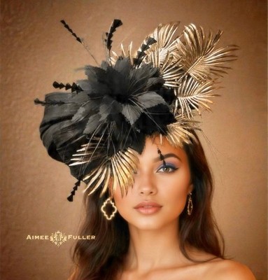 Kentucky Derby Hat Black Silk Bow Royal Ascot Fascinator Big Gold Palm Leaves