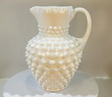 Vintage Fenton Marked Glass Hobnail White Milk Glass Crimped Top Pitcher 5”