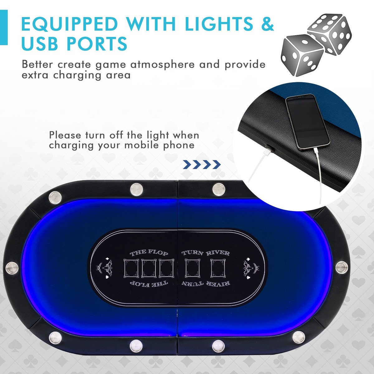 10人用LEDポーカーテーブル　　 スマートフォン充電用USBポート付き Foldable 10 Player Poker Table Casino Texas Holdem W/ LED