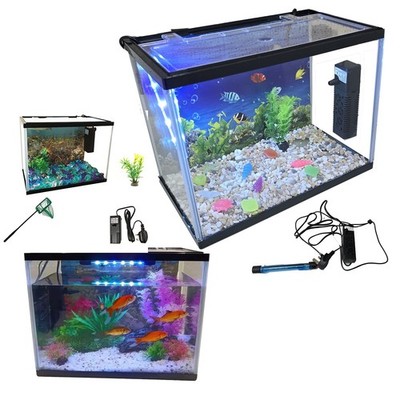 NEU LED Glas Aquarium Aquarium Starter Kit Komplett Filter Luftpumpe Fischnetz