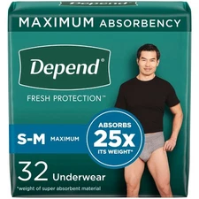 	Depend Men's Incontinence Underwear Maximum S/M Grey 32 Ct	