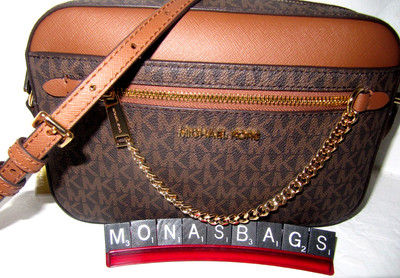 Michael Kors NEW Jet Set Brown Logo Large Zip Chain EW Crossbody Bag NWT $398